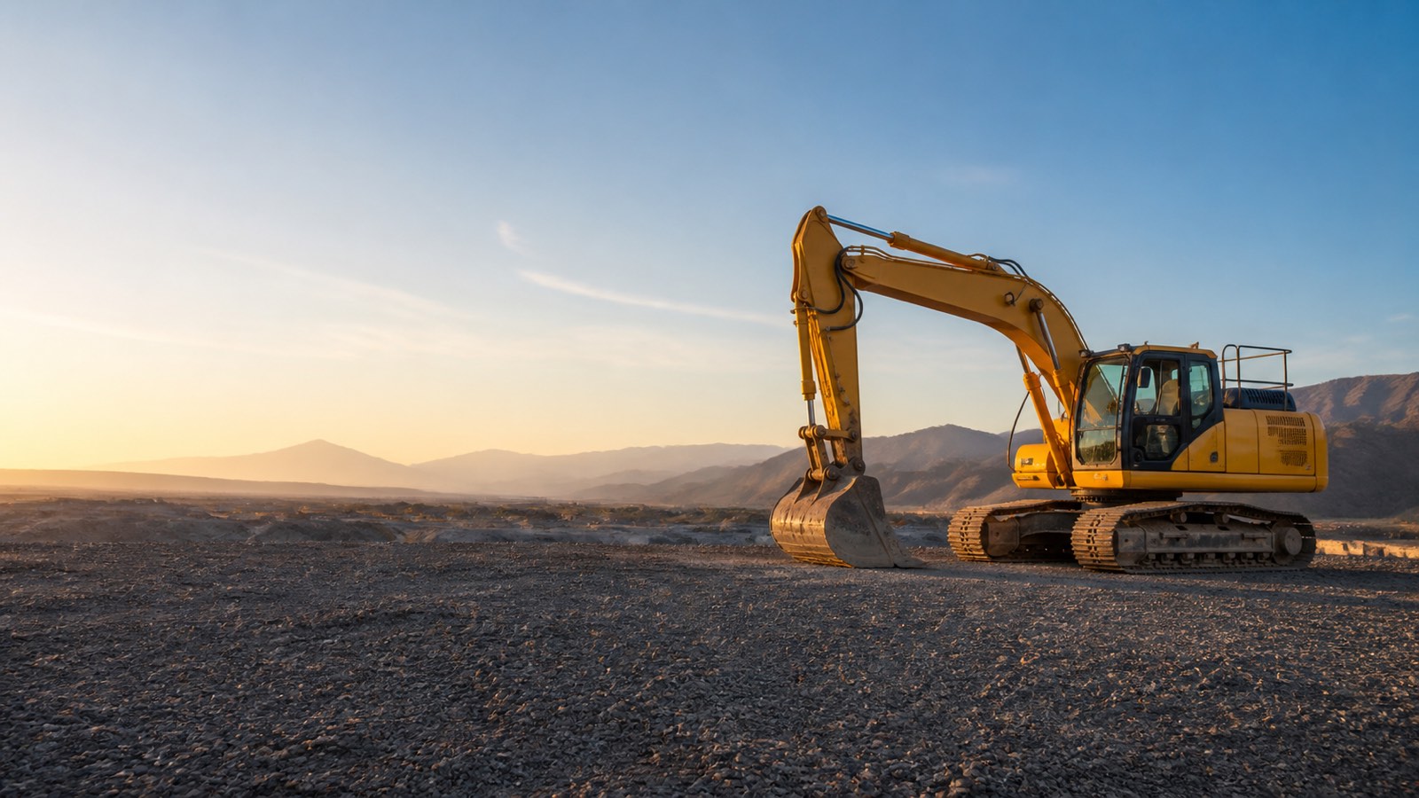 Excavadora en una faena al atardecer, con cerros de fondo
